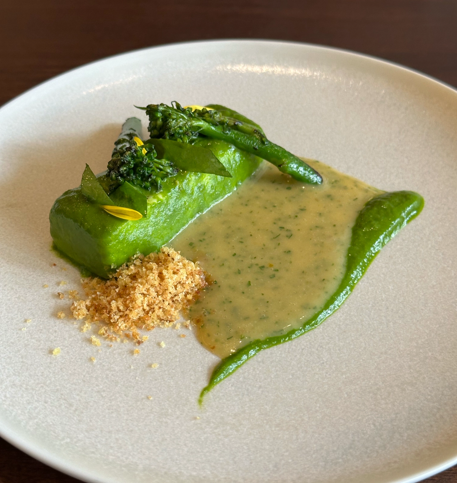 A fish dish with peas puree and sauce, Restaurant Allen, Seoul, South Korea.